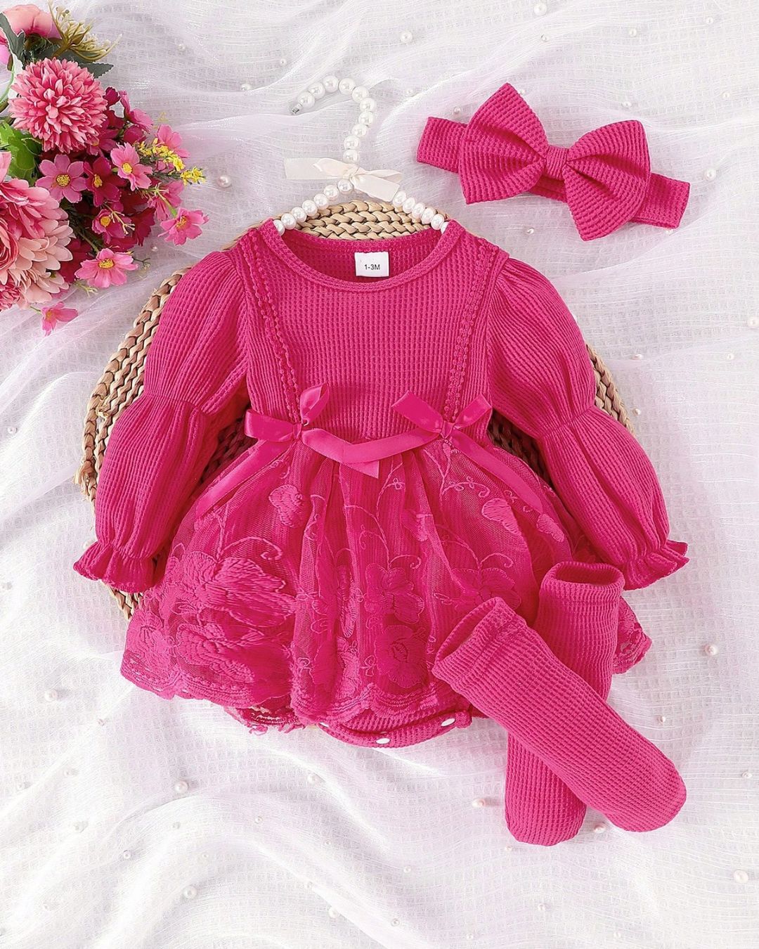 New Born Pink Waffle Lantern Sleeve Tulle Dress | 1M - 6M