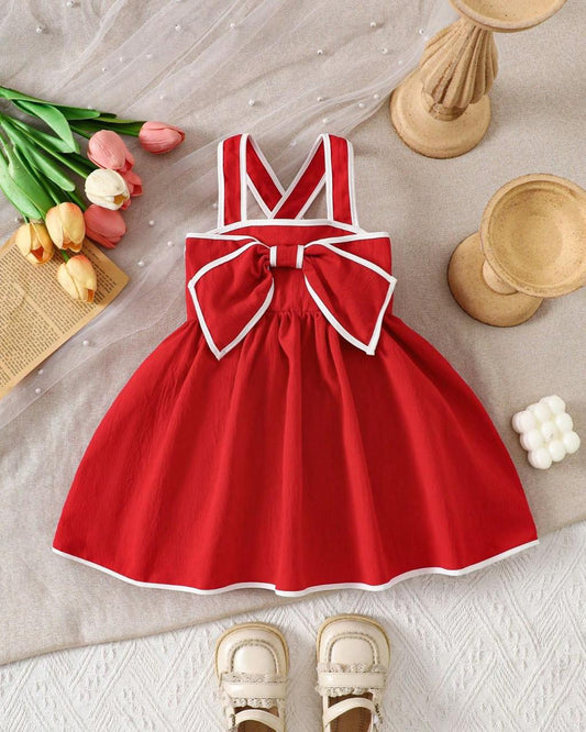 Baby Girls Elegant Textured Fabric Contrast Bow Dress | 3M - 3Y