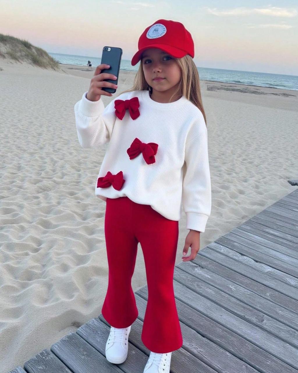 Young Girls Cute Knitted Bows Long Sleeve Round Neck Top & Red Flared Pants Set | 4Y - 7Y