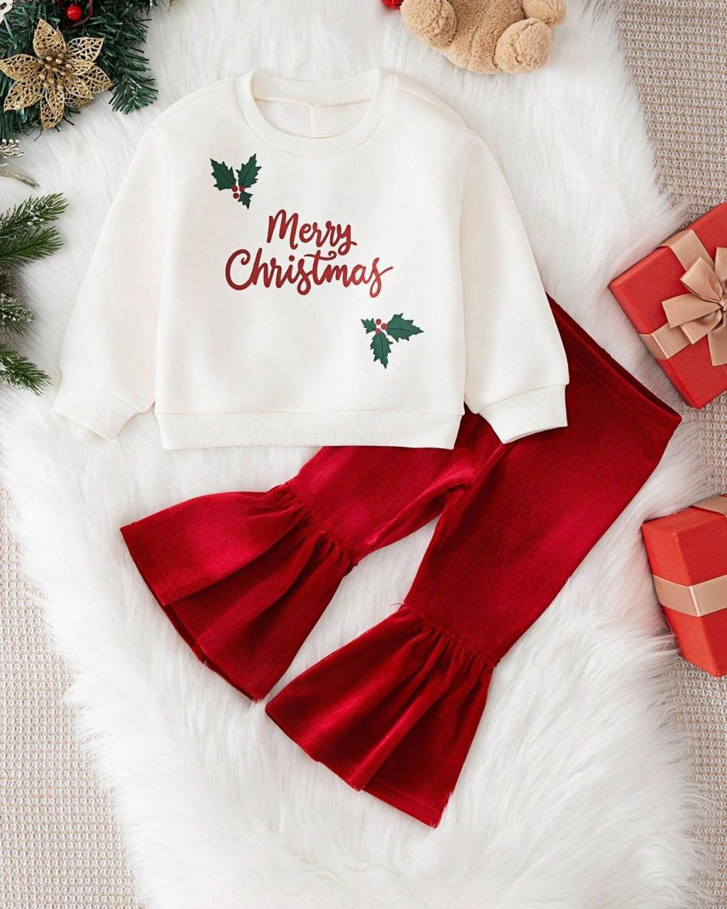 Baby Girls MERRY CHRISTMAS Sweater Top & Bell Bottom Pants Set | 6M - 3Y