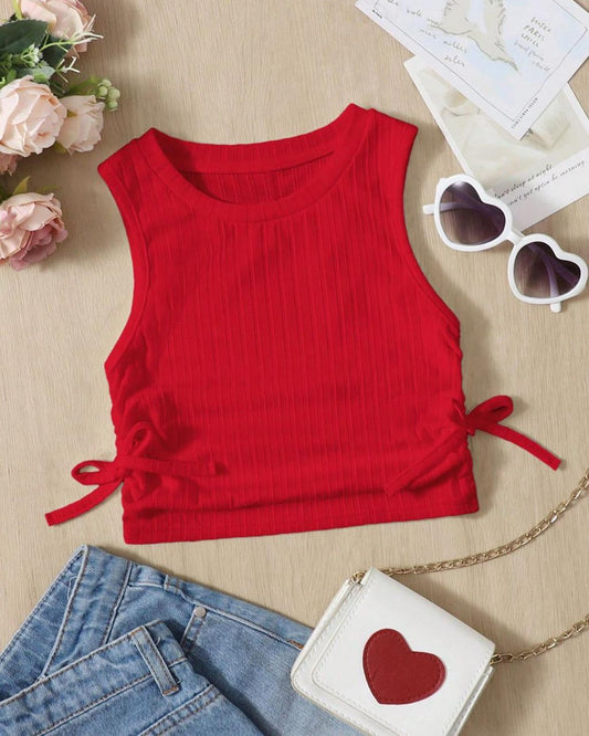 Young Girls Ribbed Knit Sleeveless Tie Hems Crop Tank Top | 3Y - 7Y