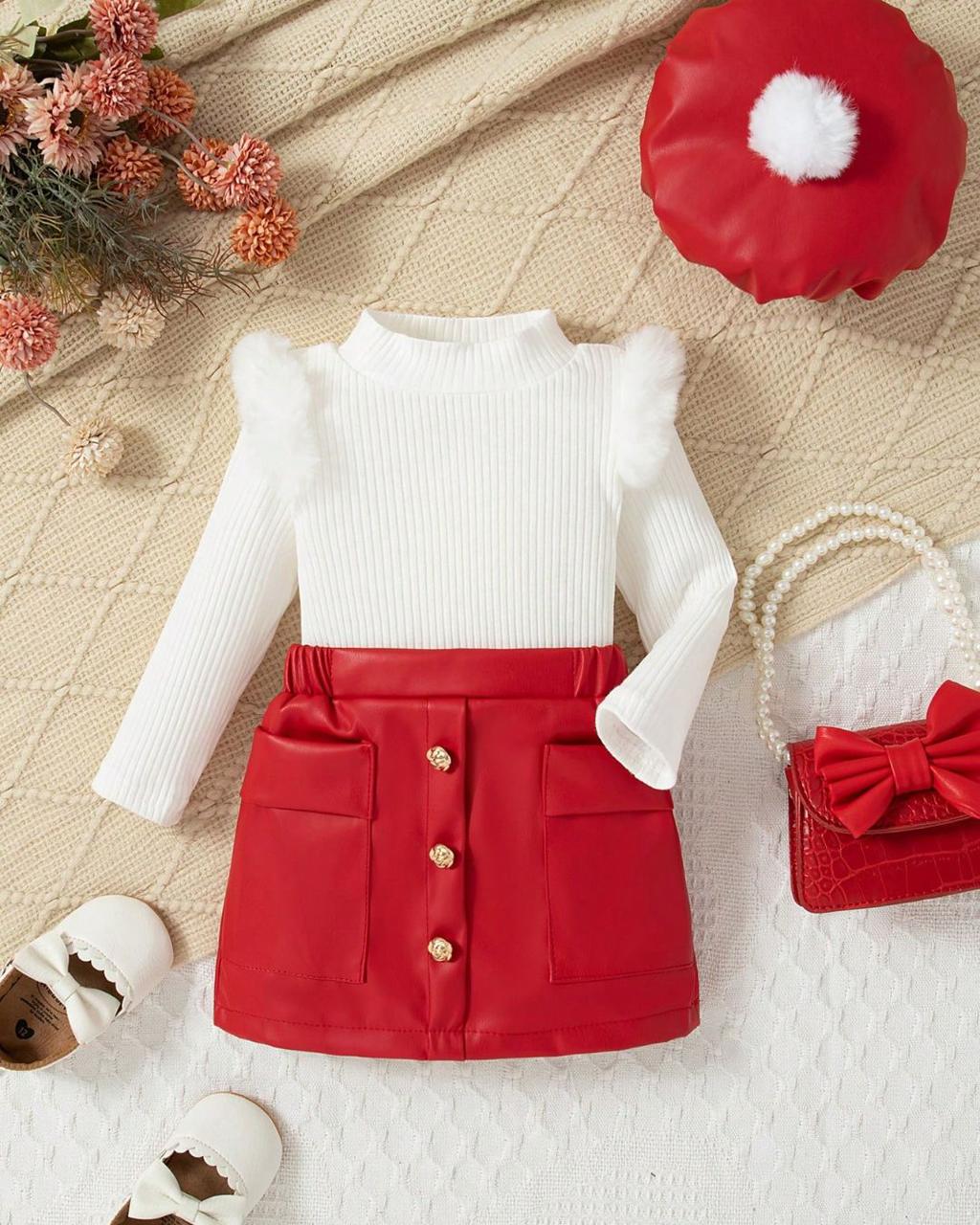 New Born Long Sleeve White Top & Button Skirt Set | 6-9M