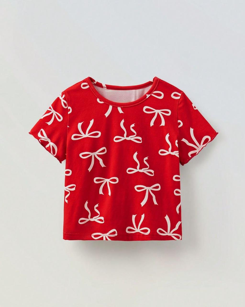 Young Girls / Boys Red & White Bow-Print Short-Sleeved T-Shirt | 4Y - 7Y