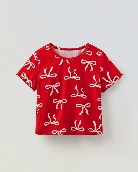 Young Girls / Boys Red & White Bow-Print Short-Sleeved T-Shirt | 4Y - 7Y