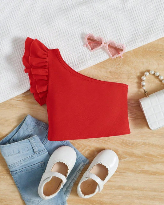 Young Girls Solid Color Summer Short Sleeve One Shoulder Ruffle Hem T-Shirt | 4Y - 7Y
