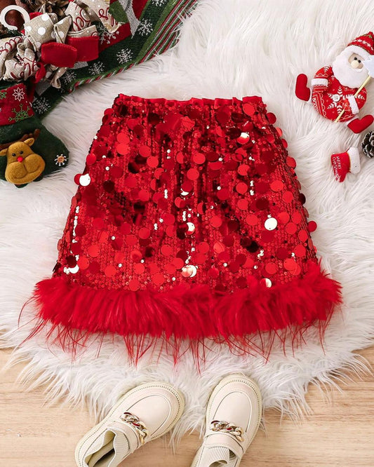Young Girls Red Sequins Fringe Skirt | 6Y - 7Y