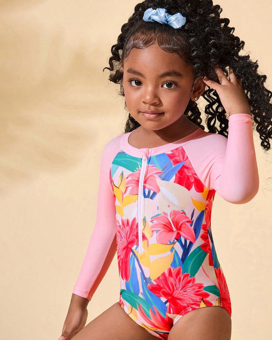 Baby Girls Flower Printed Long Sleeve One-Piece Swimsuit | 9M - 24M