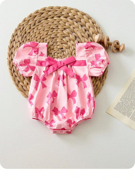 New Born Cute Pink Bow Printed Romper | 0M - 6M