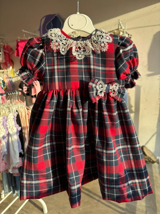 Shells Check Lace Puff Sleeve Dress