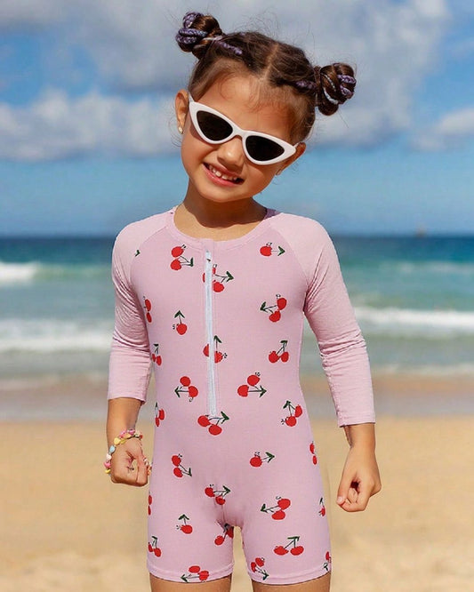 Young Girls Cheery Printed Long Sleeve Swimsuit | 4Y - 7Y