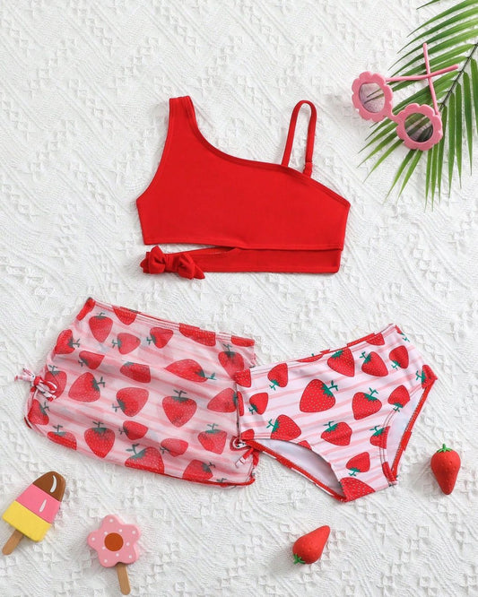 Baby Girls Strawberry Print Halter Swimsuit Set With Cover-Up Skirt | 6M - 3Y