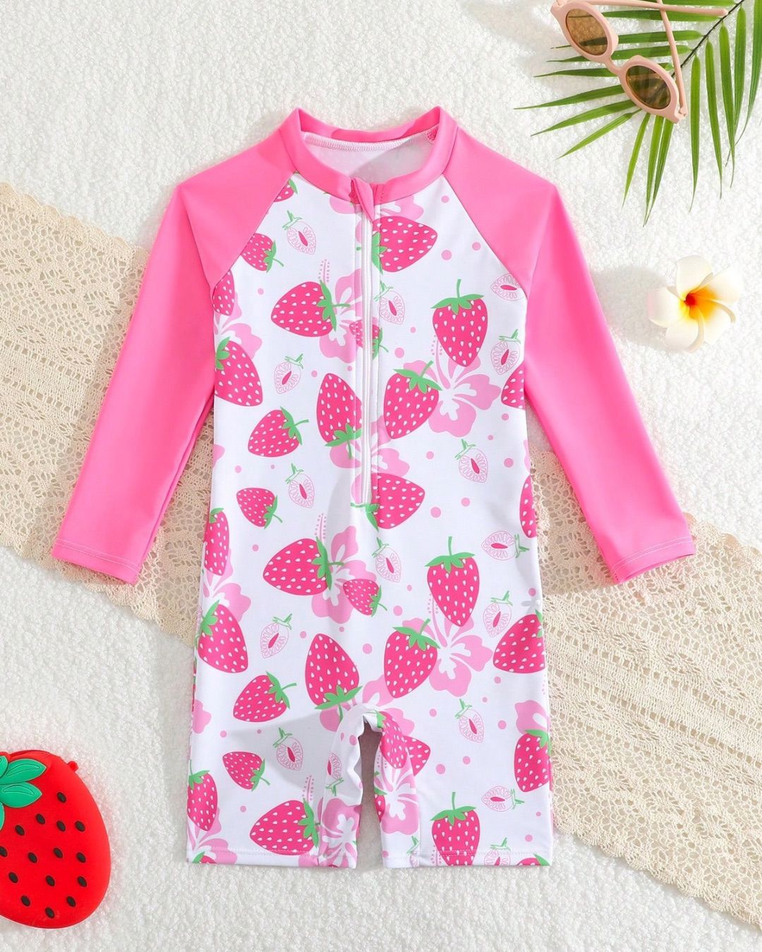 Young Girls Long Sleeve Strawberry Printed Swimsuit | 4Y - 7Y