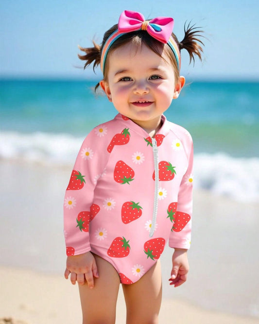 Baby Girls Long Sleeve Strawberry Printed One-piece Swimsuit | 6M - 3Y