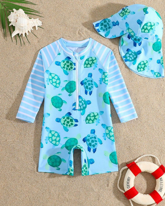 Baby Boys/Girls Long Sleeve Turtle Printed Swimsuit | 6M - 3Y