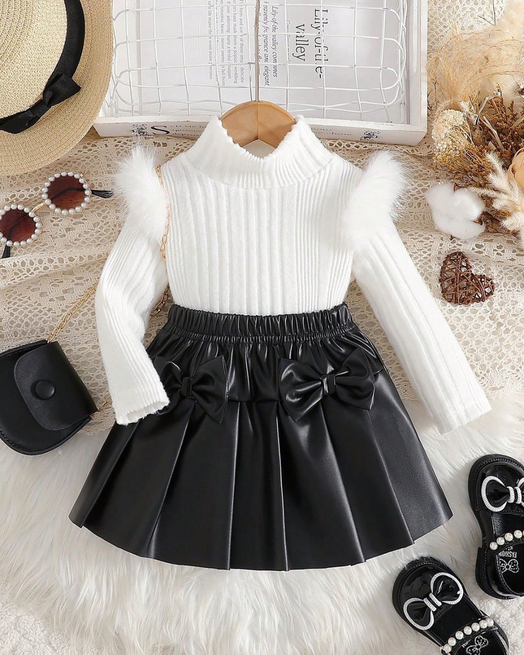 Baby Girls Turtleneck Long Sleeve Top & Pleated Skirt With Bows Set | 6M - 3Y