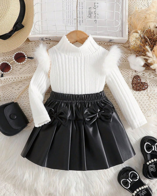Baby Girls Turtleneck Long Sleeve Top & Pleated Skirt With Bows Set | 6M - 3Y