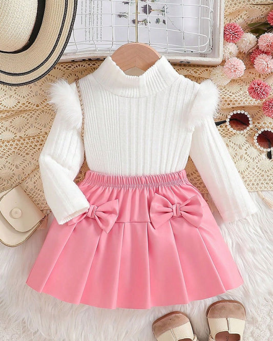 Baby Girls Turtleneck Long Sleeve Top & Pink Color Pleated Skirt With Bows Set | 6M - 3Y