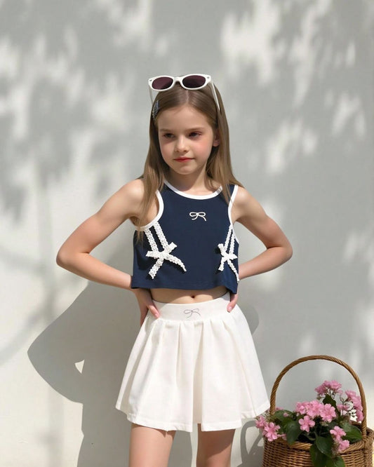 Young Girls Bow Top & Pleated Skirt Set | 4Y -7Y