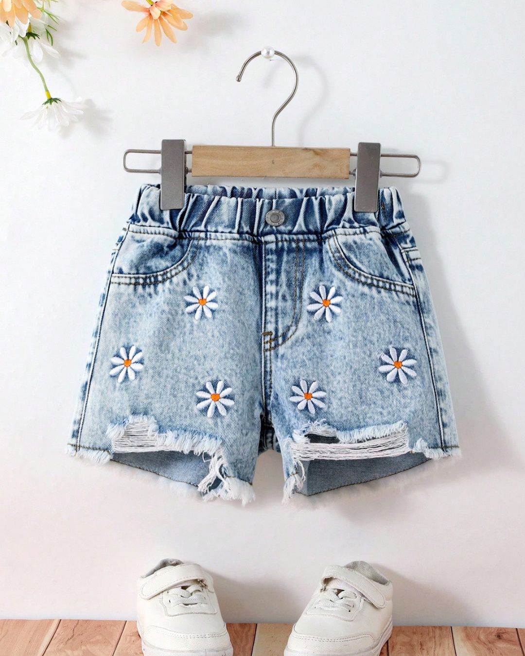 Young Girls Flowers Embroidered Denim Short | 4Y - 6Y