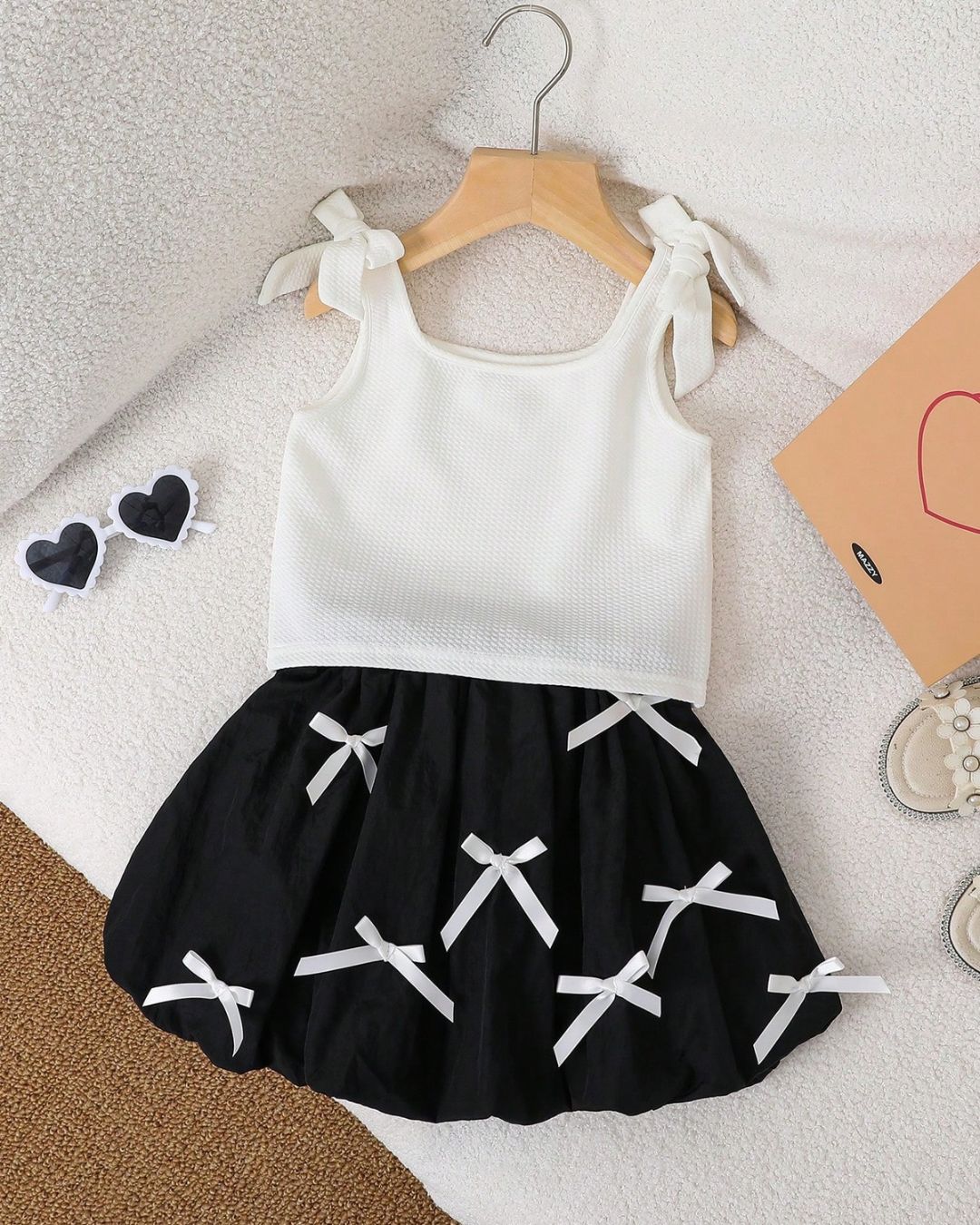 Young Girls White Sleeveless Top & Bow Skirt | 4Y - 7Y