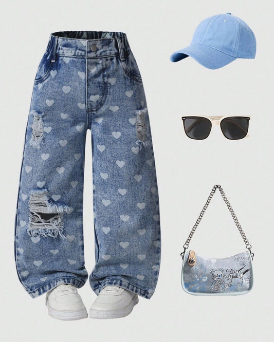 Young Girls Retro Washed Ripped Distressed Loose Straight Leg Jeans | 4Y - 6Y