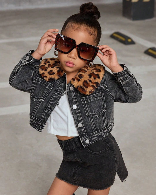 Young Girls Leopard Print Fleece Collar Black Denim Oversized Short Jacket | 4Y - 6Y
