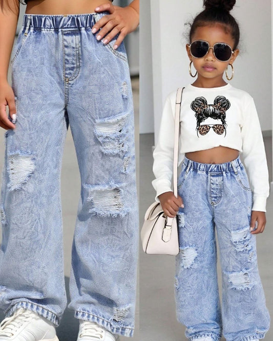 Young Girls Loose Y2K Blue Ripped Jeans | 4Y - 7Y