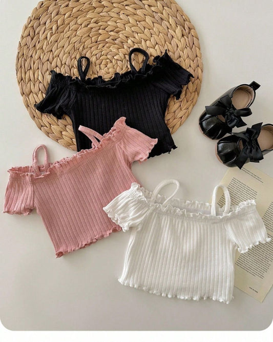 Baby Girls Casual Cute Simple Knitted Solid Off Shoulder Short Sleeve Tops | 6M - 3Y