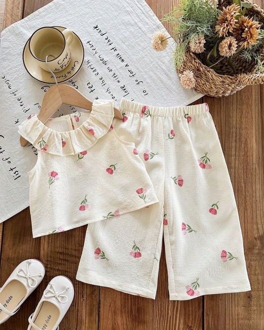 Baby Girls Floral Print Frill Hem Sleeveless Top & Elastic Waist Pants Set | 6M - 3Y