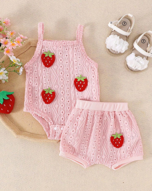 New Born Strawberries Embroidered Romper & Shorts Set | 1M - 6M