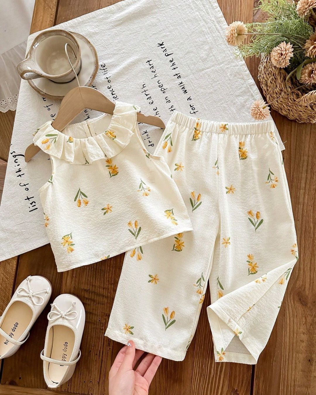 Baby Girls Yellow Floral Print Frill Hem Sleeveless Top & Elastic Waist Pants Set | 6M - 3Y