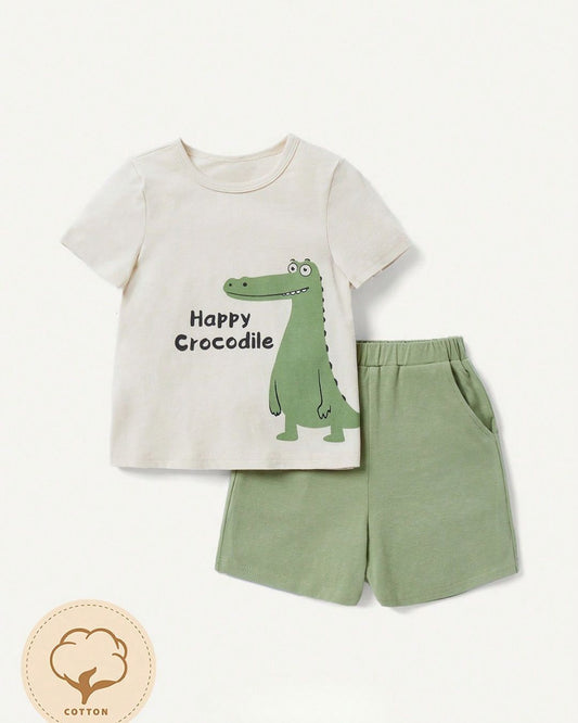 New Born HAPPY CROCODILE Tee & Green Short Set | 0-1M