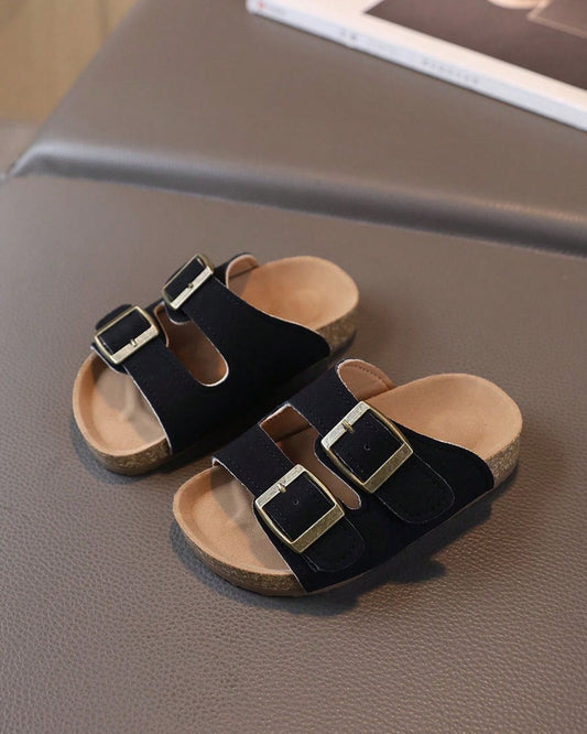 Black Double Buckle Cork Footbed Slide Sandals