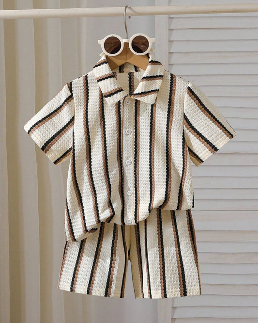 Young Boys Button Up Striped Short Sleeve Shirt & Shorts Set | 5Y
