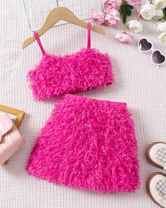 Young Girls Plush Pink Tank Top & Skirt Set | 4Y - 7Y