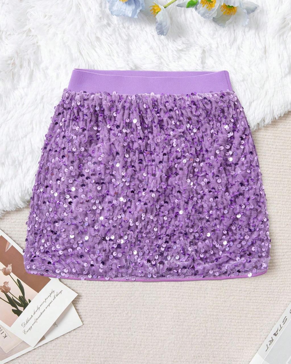 Young Girls Purple Color Sequins Mini Skirt | 4Y - 7Y