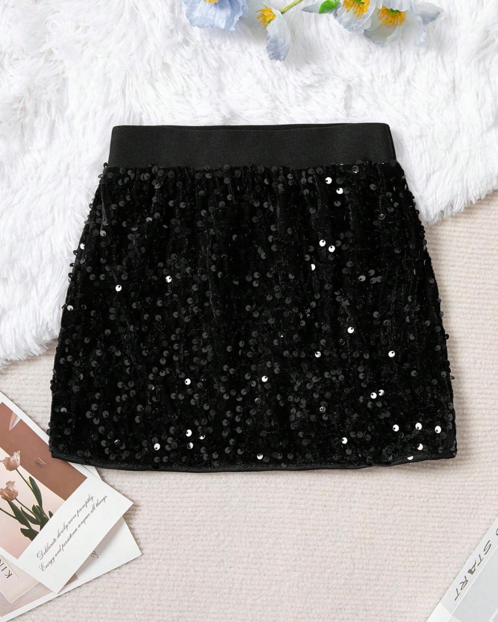 Young Girls Black Color Sequins Mini Skirt | 4Y - 7Y