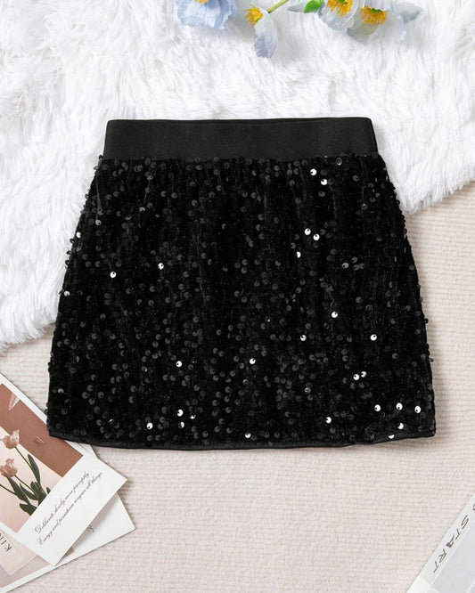 Young Girls Black Color Sequins Mini Skirt | 4Y - 7Y