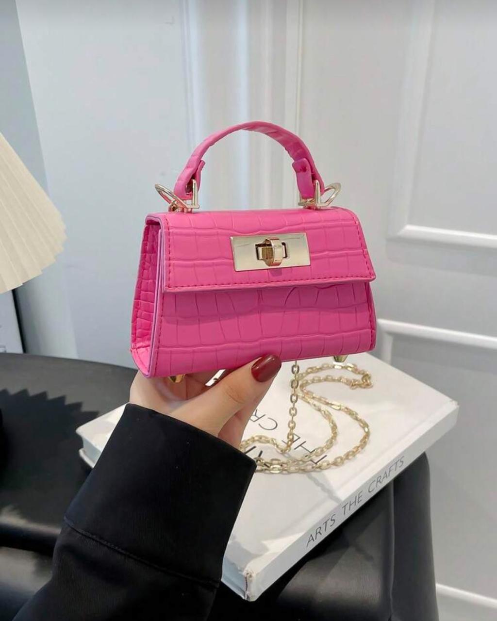 Pink Mini Crocodile Embossed Faux Leather Flap Square Crossbody Handbag
