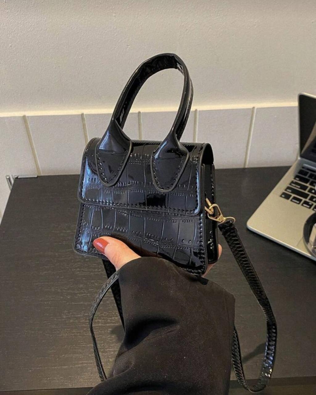 Black Mini Crocodile Embossed Faux Leather Flap Square Crossbody Bag