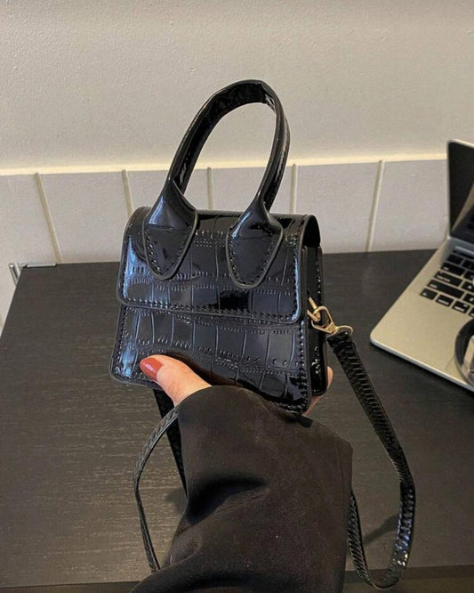 Black Mini Crocodile Embossed Faux Leather Flap Square Crossbody Bag