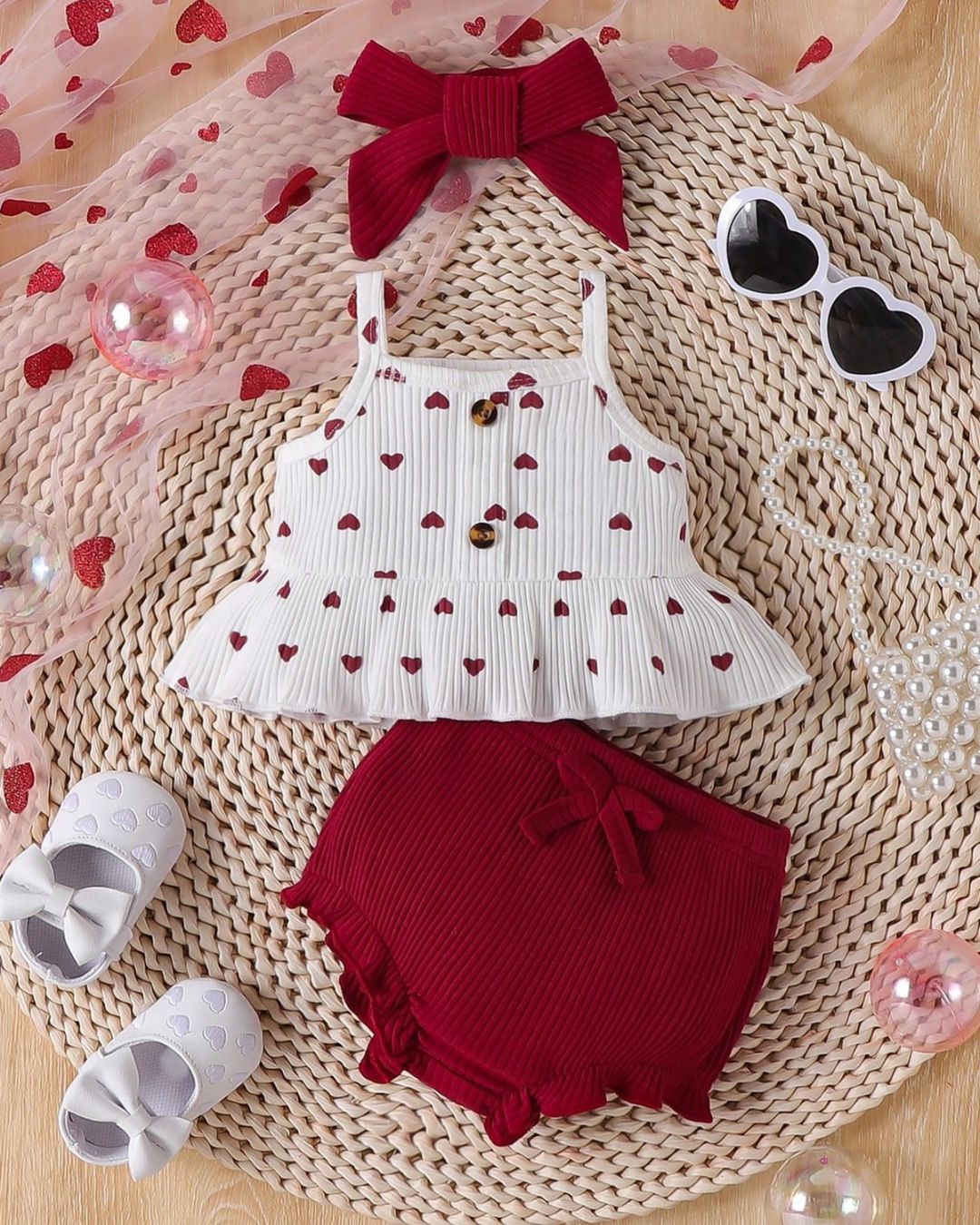 New Born Hearts Ribbed Set With Headband