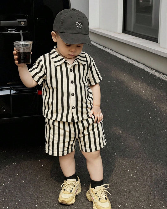 Baby Boys Striped Collared Short Sleeve Shirt & Shorts Set | 6M - 3Y