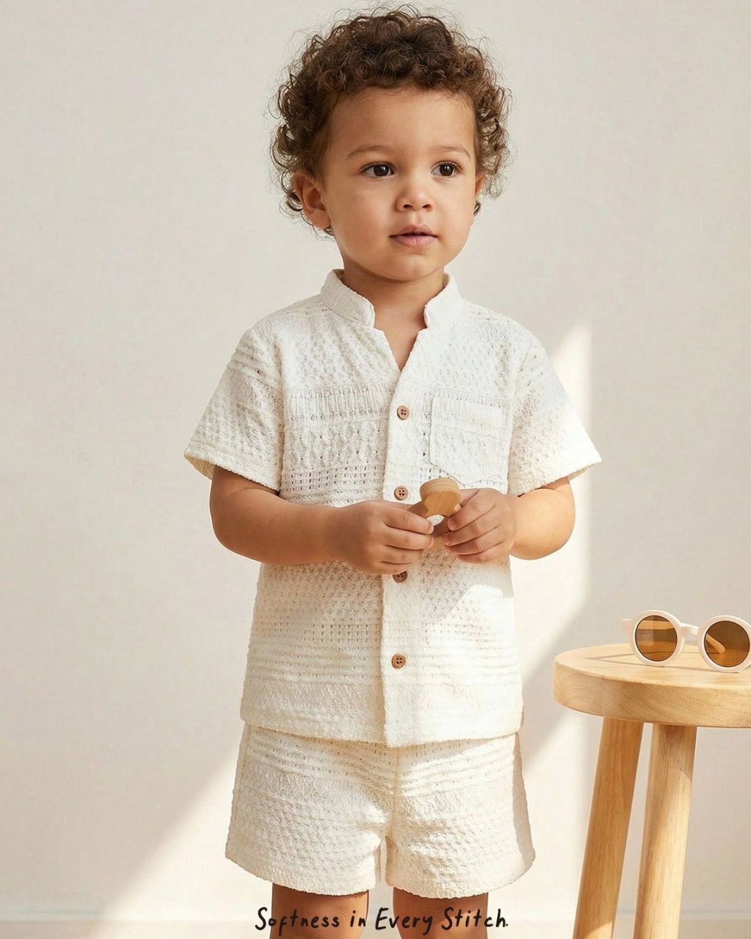 Baby Boys White Textured Short Sleeve Shirt & Shorts Set | 6M - 3Y