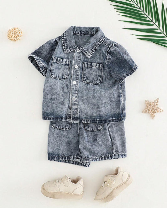 Baby Boys Solid Blue Washed Patch Pockets Shirt  & Elastic Waistband Baggy Denim Shorts Set | 6M - 24M