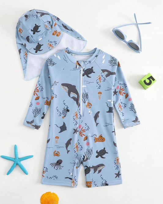 Baby Boys Cartoon Ocean Animals Printed Long Sleeve One-Piece Swimsuit With Hat | 6M - 3Y