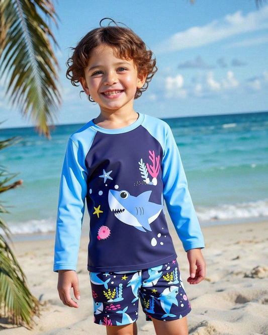 Young Boys Long Sleeve Shark Printed Top & Shorts Set | 4Y - 5Y