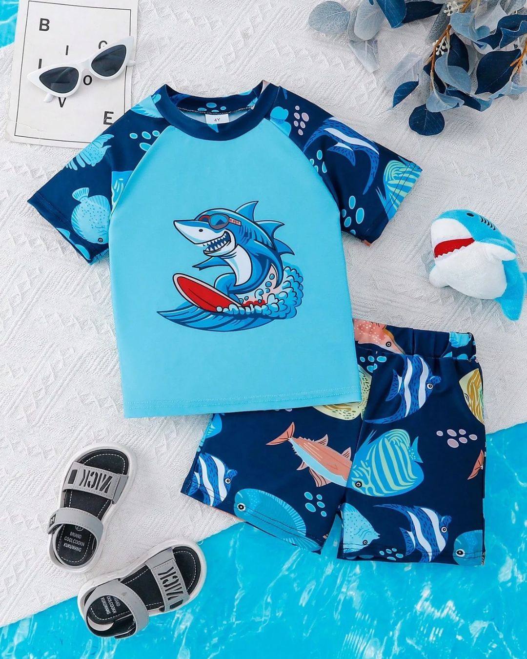 Baby/Young Boys Blue Shark Short Sleeve Top & Shorts Set | 2Y - 7Y