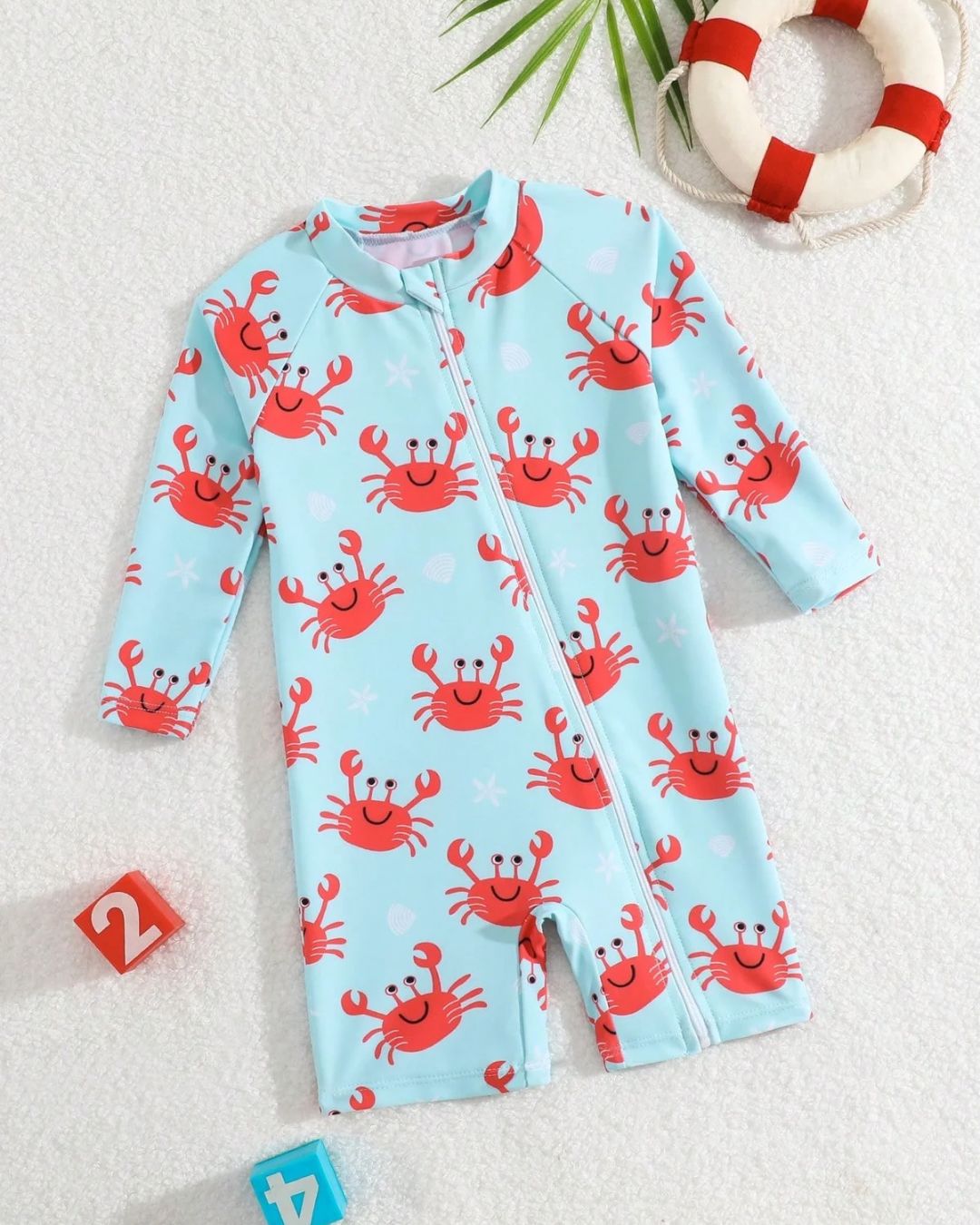 Baby Boys Red Crabs Pattern Long Sleeve One-Piece Swimsuit | 6M - 3Y