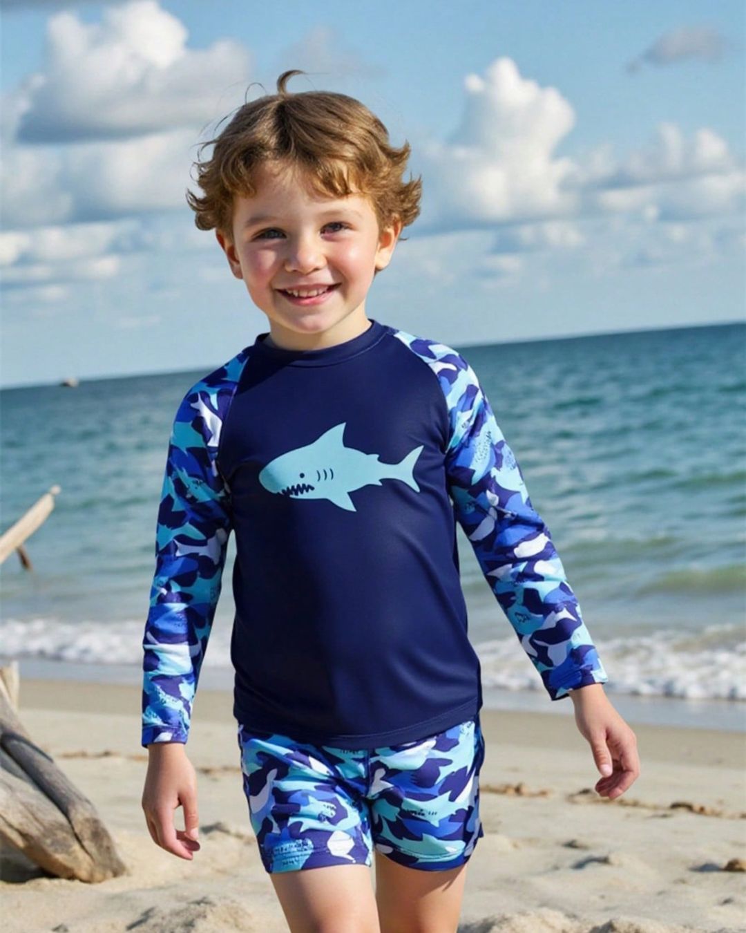 Young Boys Cartoon Shark Print Swimsuit Set | 4Y - 7Y